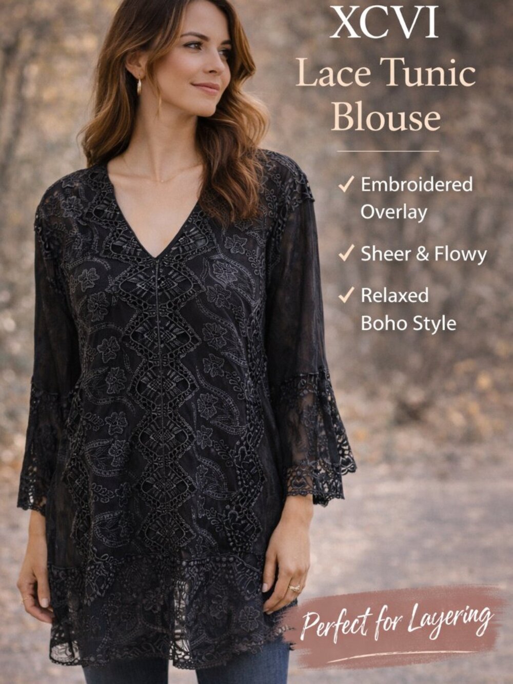 XCVI Tunic Blouse Lace Embroidered Overlay Sleeves Gypsy Boho Western Whimsigoth